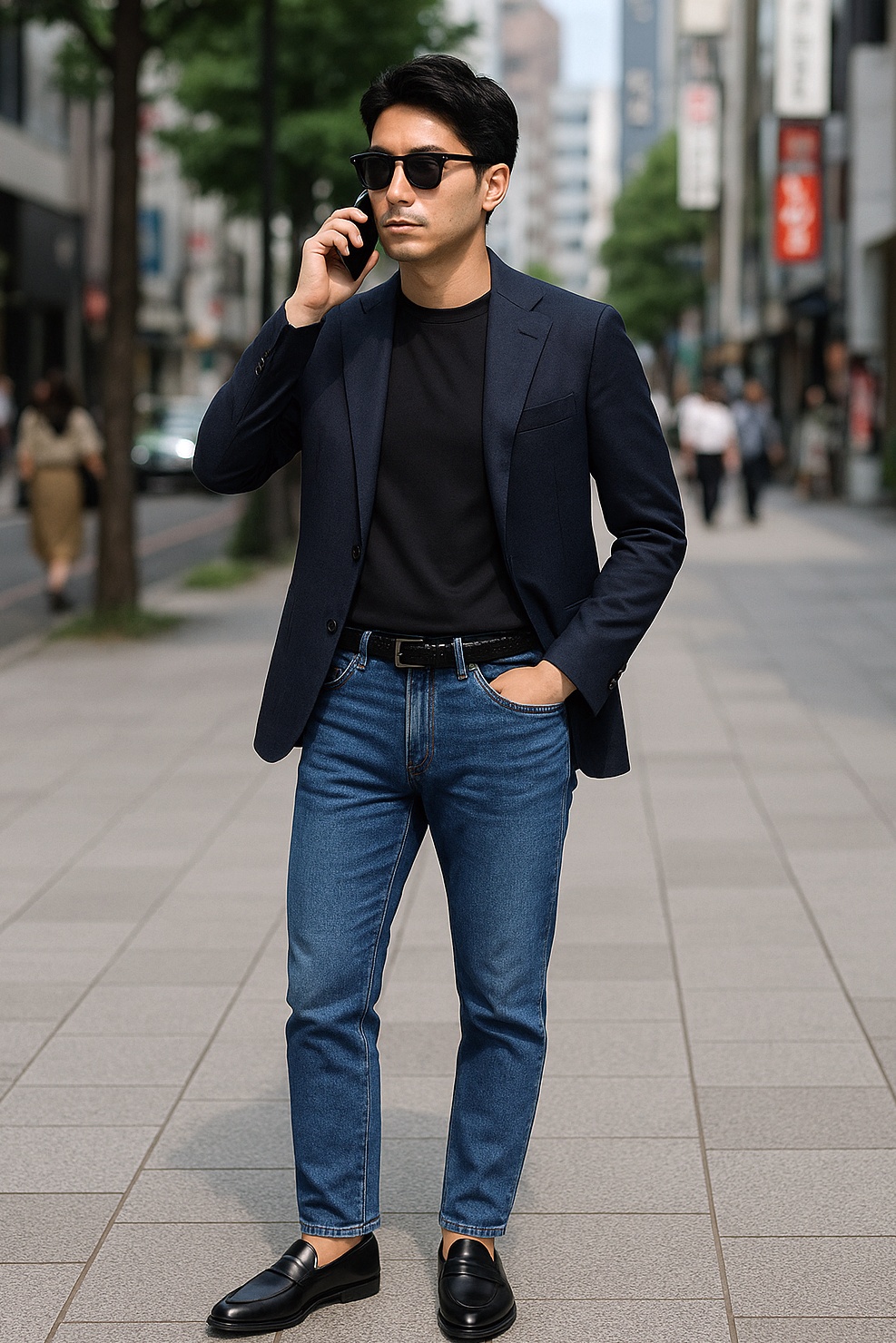 Navy blazer, Black t-shirt, blue jeans, black penny loafers outfit