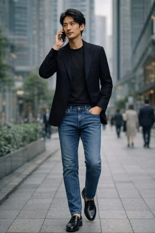 Navy blazer, Black t-shirt, blue jeans, black penny loafers outfit