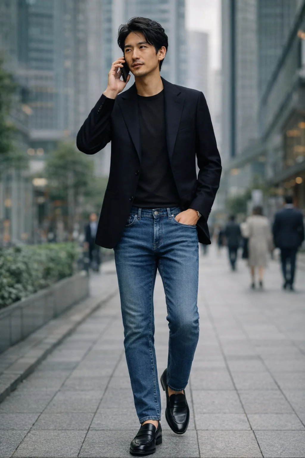 Navy blazer, Black t-shirt, blue jeans, black penny loafers outfit