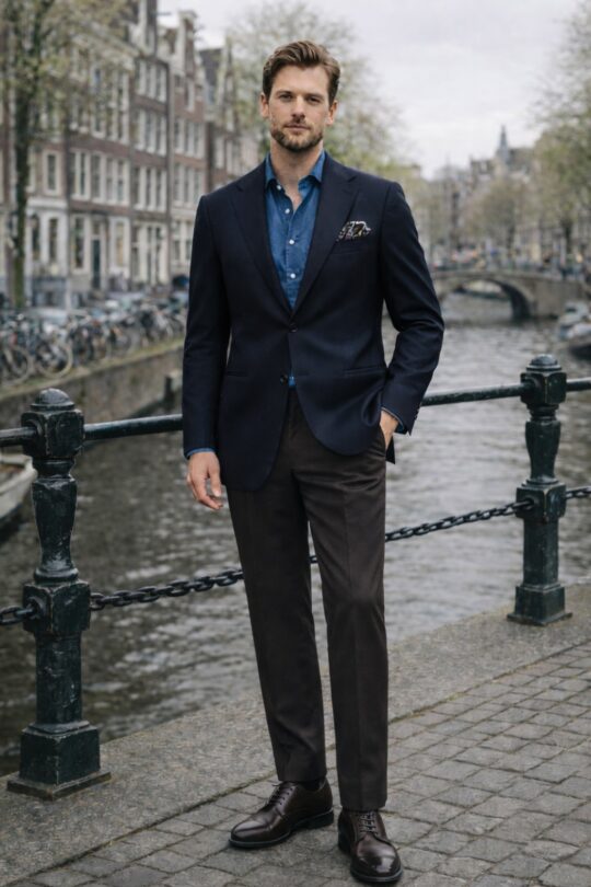 Navy Blazer, Blue Denim Shirt, Brown Chinos, Brown Derby Shoes Outfit