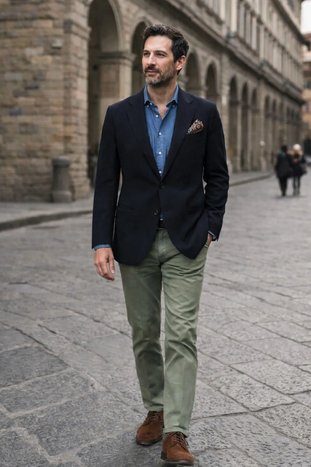 Navy Blazer, Blue Denim Shirt, Green Chinos, Brown Suede Derby Shoes Outfit