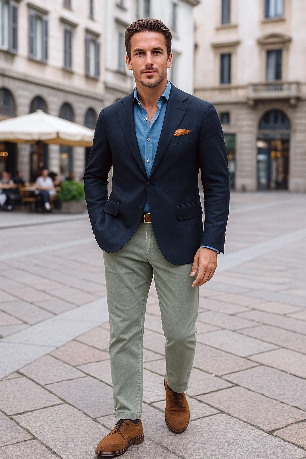 Navy Blazer, Blue Denim Shirt, Green Chinos, Brown Suede Derby Shoes Outfit