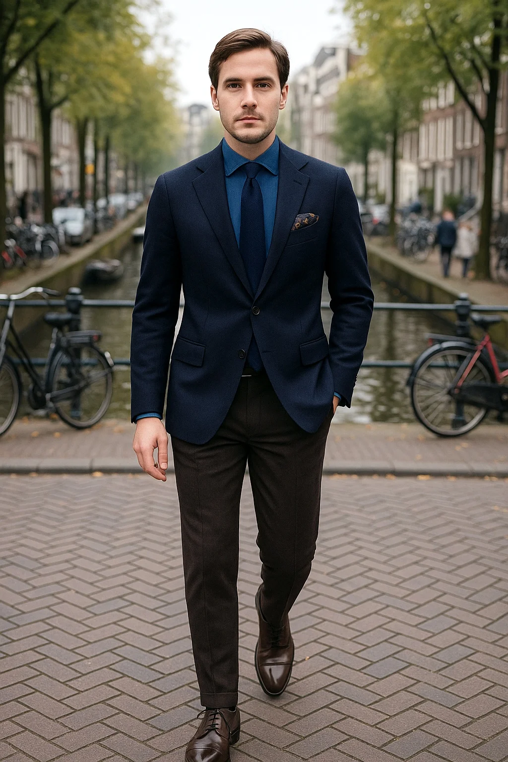 Navy Blazer, Blue Denim Shirt, Navy Tie, Brown Chinos, Brown Derby Shoes Outfit