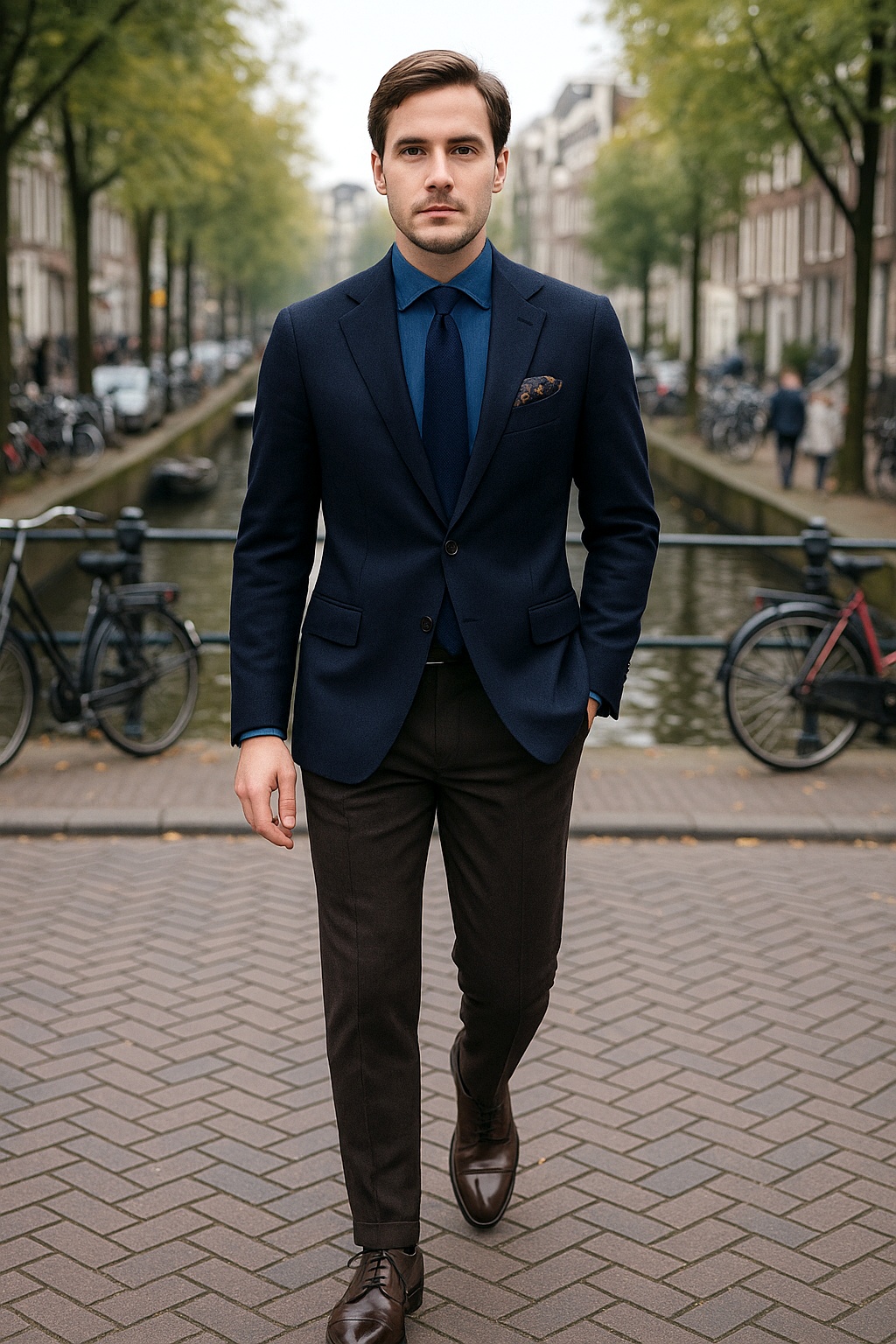 Navy Blazer, Blue Denim Shirt, Navy Grenadine Tie, Dark Brown Chinos, Dark Brown Derby Shoes Outfit