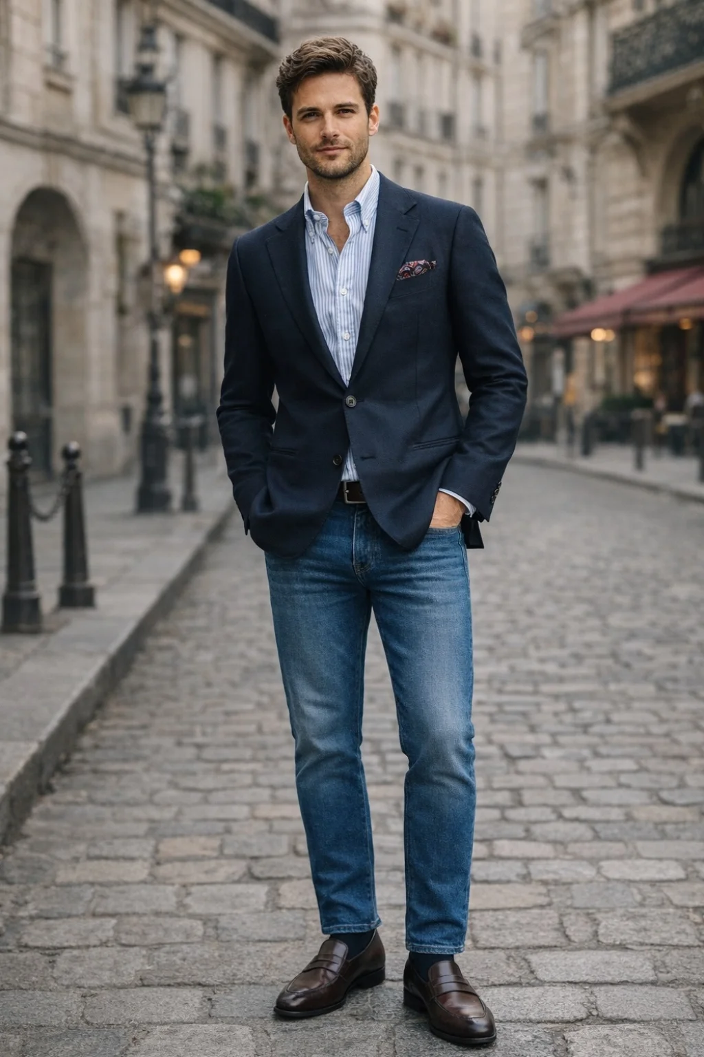 Navy Blazer, Blue Striped Shirt, Blue Jeans, Mahogany Loafers Outfit