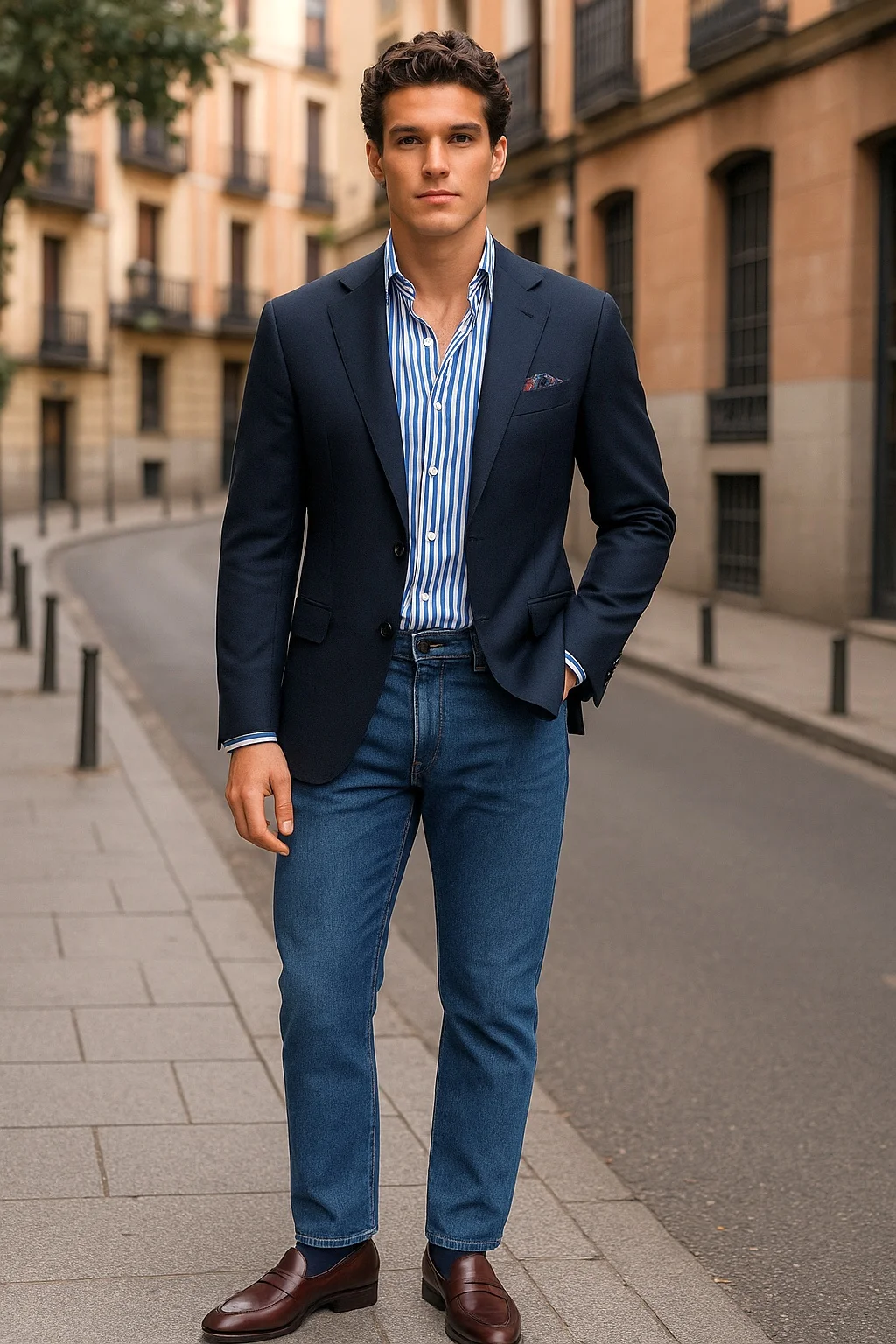 Navy Blazer, Blue Striped Shirt, Blue Jeans, Mahogany Loafers Outfit
