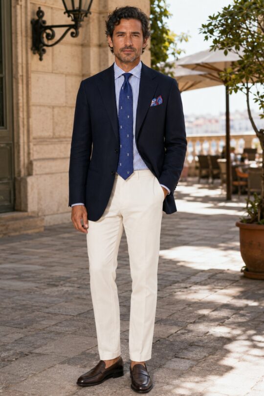 Navy Blazer, Blue Striped Shirt, Blue Tie, White Chinos, Brown Penny Loafers Outfit