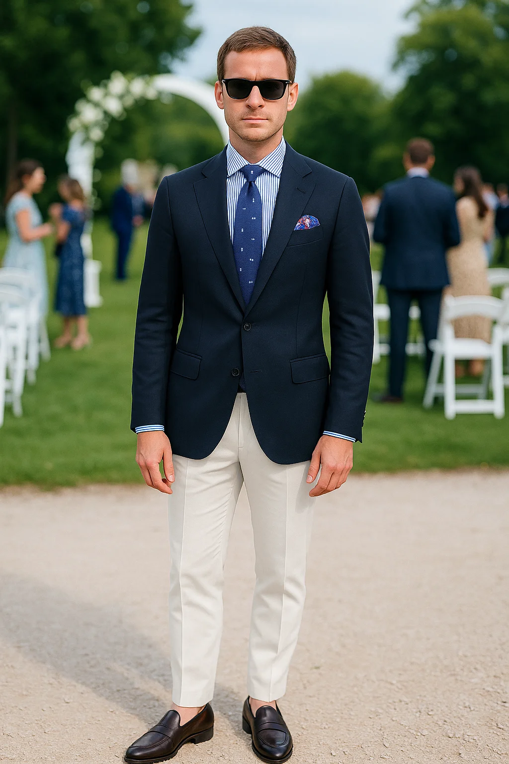 Navy blazer, blue striped shirt, blue tie, white chinos, dark brown penny loafers outfit