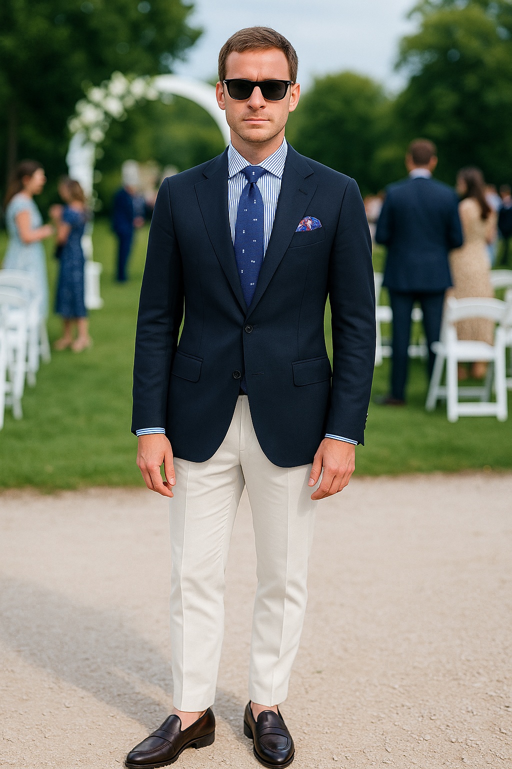 Navy blazer, blue striped shirt, blue tie, white trousers, dark brown tassel loafers outfit