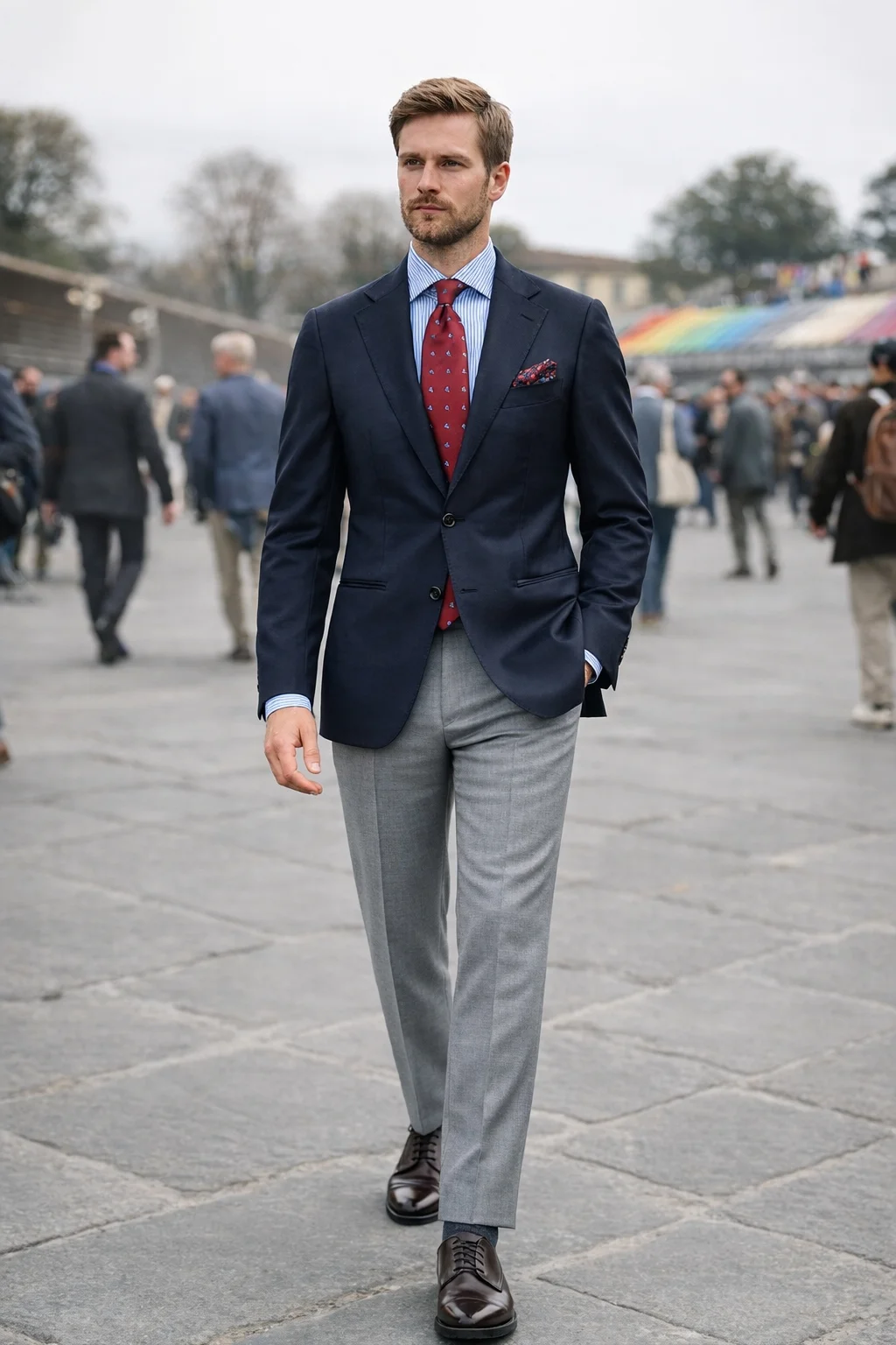 Navy Blazer, Blue Striped Shirt, Red Grenadine Tie, Light Grey Trousers, Brown Derby Shoes Outfit