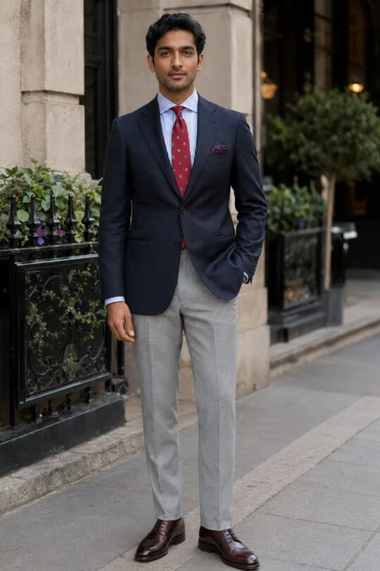 Navy Blazer, Blue Striped Shirt, Red Grenadine Tie, Light Grey Trousers, Brown Derby Shoes Outfit
