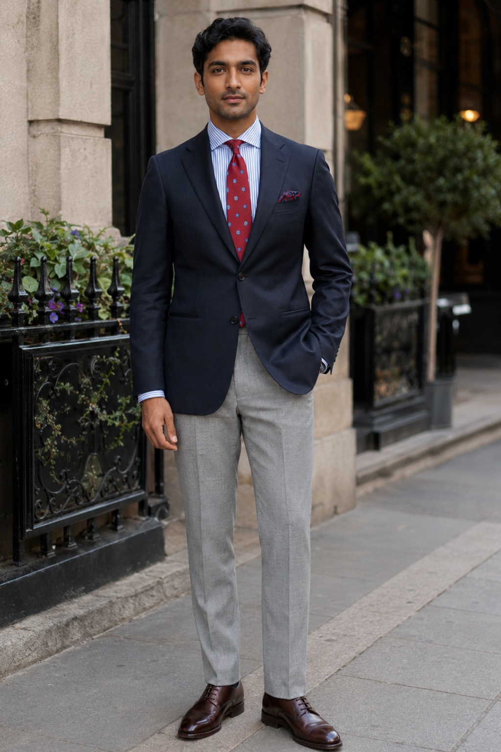 Navy Blazer, Blue Striped Shirt, Red Grenadine Tie, Light Grey Trousers, Brown Derby Shoes Outfit