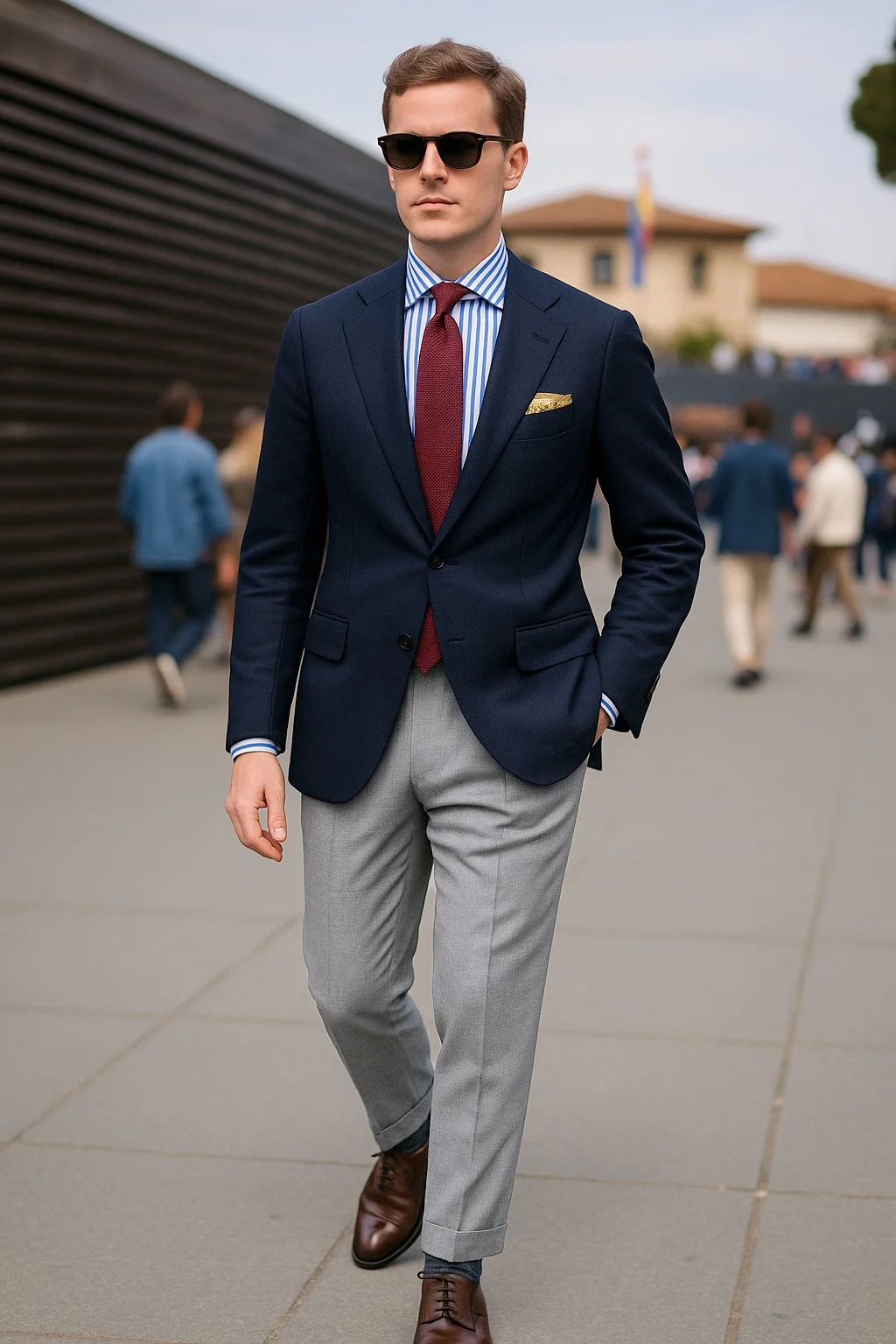Navy Blazer, Blue Striped Shirt, Red Grenadine Tie, Light Grey Trousers, Brown Derby Shoes Outfit