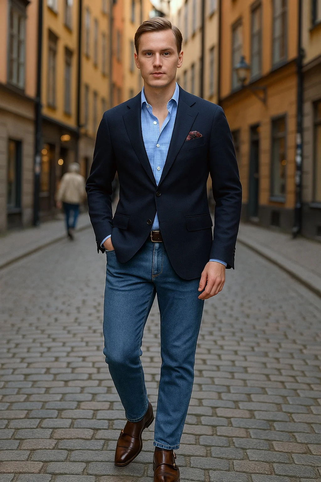 Navy blazer, light blue houndstooth shirt, blue jeans, brown monk strap shoes outfit