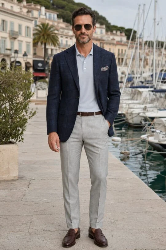 Navy blazer, light blue polo shirt, light grey trousers, brown penny loafers outfit