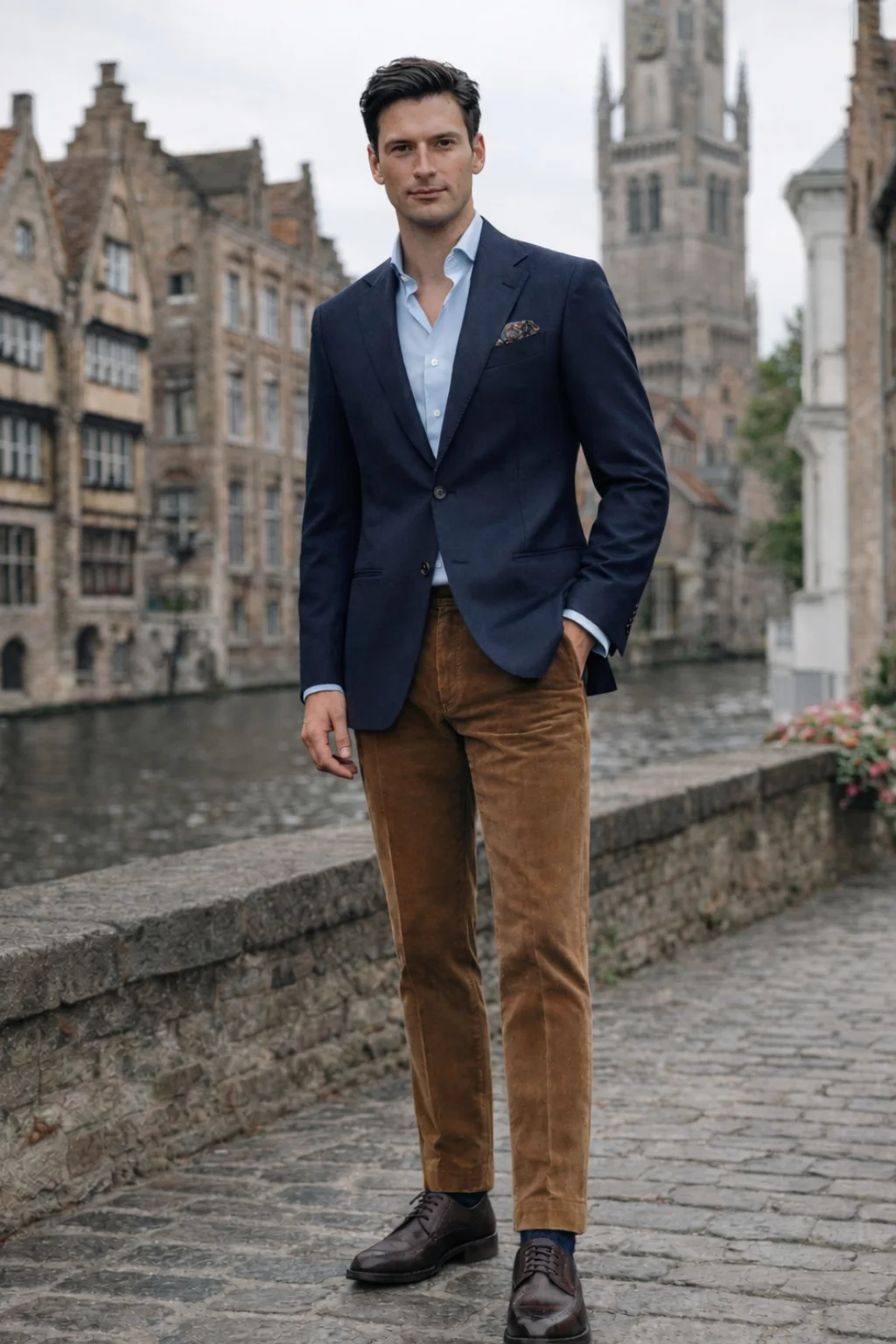 Navy Blazer, Light Blue Shirt, Brown Chinos, Brown Derby Shoes Outfit