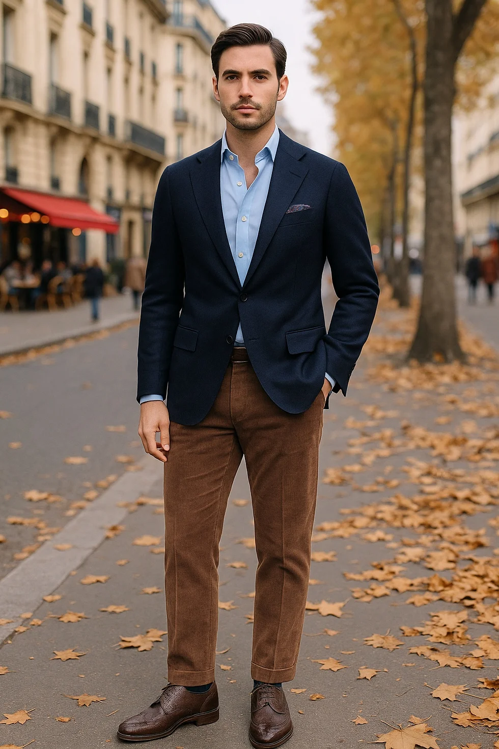 Navy Blazer, Light Blue Shirt, Brown Chinos, Brown Derby Shoes Outfit