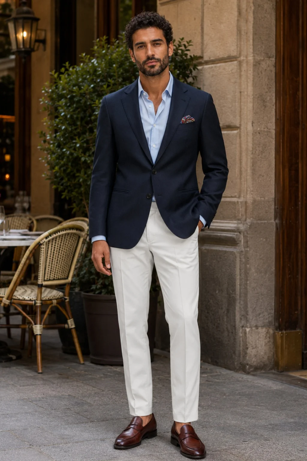 Navy Blazer, Light Blue Shirt, Off White Chinos, Brown Loafers Outfit