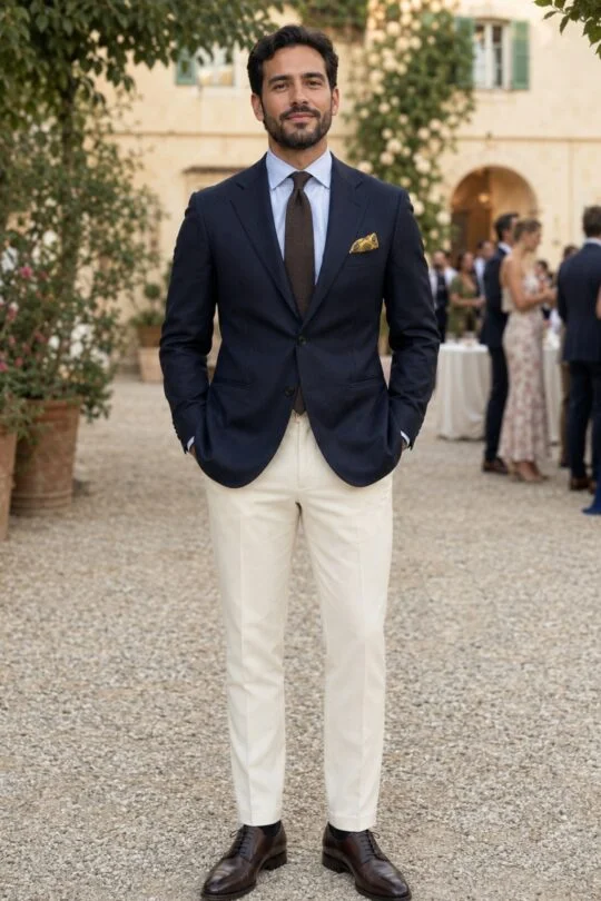 Navy blazer, light blue shirt, off white trousers, brown derby shoes outfit