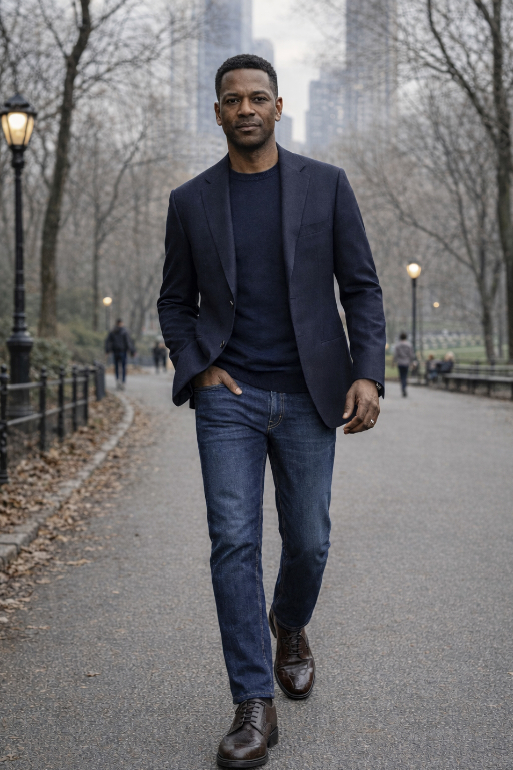 Navy Blazer, Navy Sweater, Blue Jeans, Brown Derby Shoes Outfit