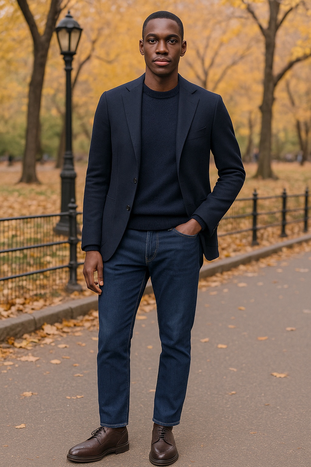 Navy Blazer, Navy Sweater, Blue Jeans, Brown Derby Shoes Outfit