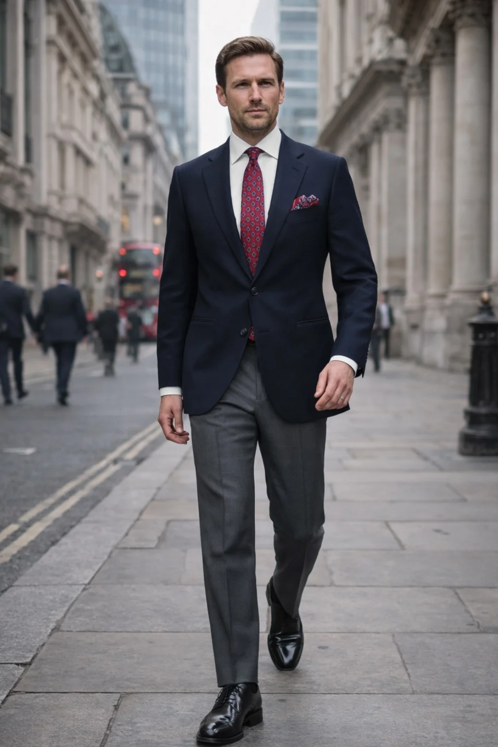 Navy Blazer, White Shirt, Grey Trousers, Burgundy Tie, Black Derby Shoes Outfit