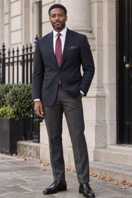 Navy Blazer, White Shirt, Grey Trousers, Burgundy Tie, Black Derby Shoes Outfit