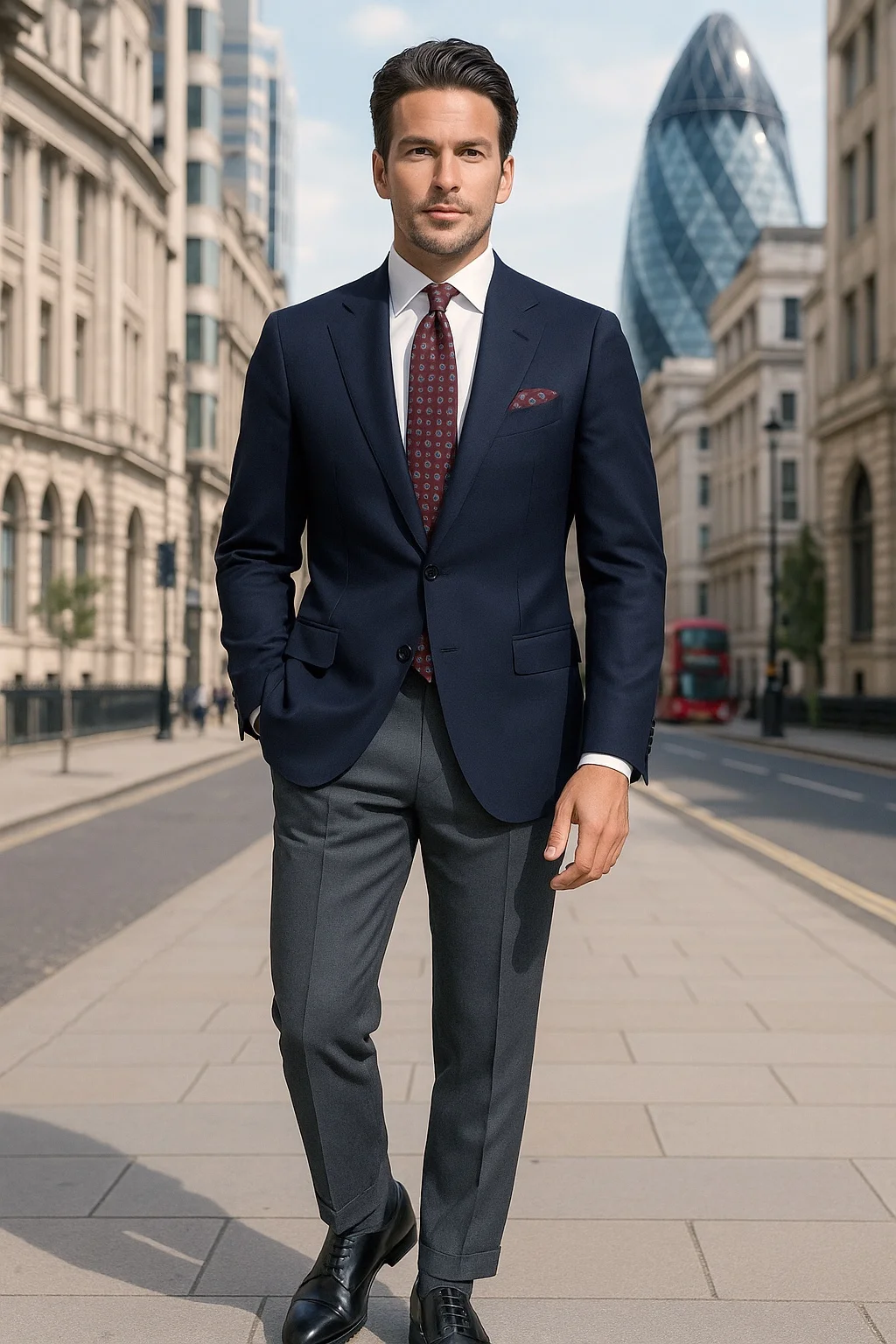 Navy Blazer, White Shirt, Grey Trousers, Burgundy Tie, Black Derby Shoes Outfit