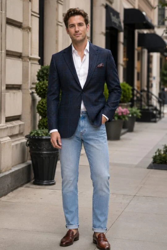 Navy blazer, white shirt, light blue jeans, mahogany penny loafers outfit