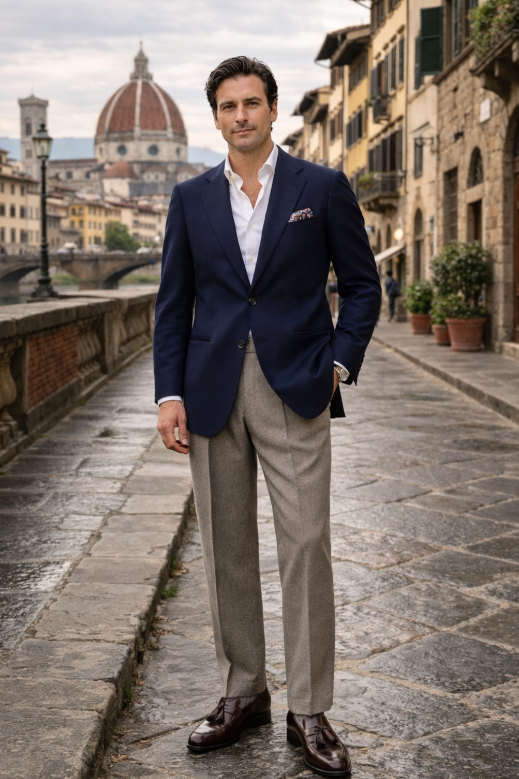 Navy Blazer, White Shirt, Light Brown Trousers, Brown Tassel Loafers Outfit