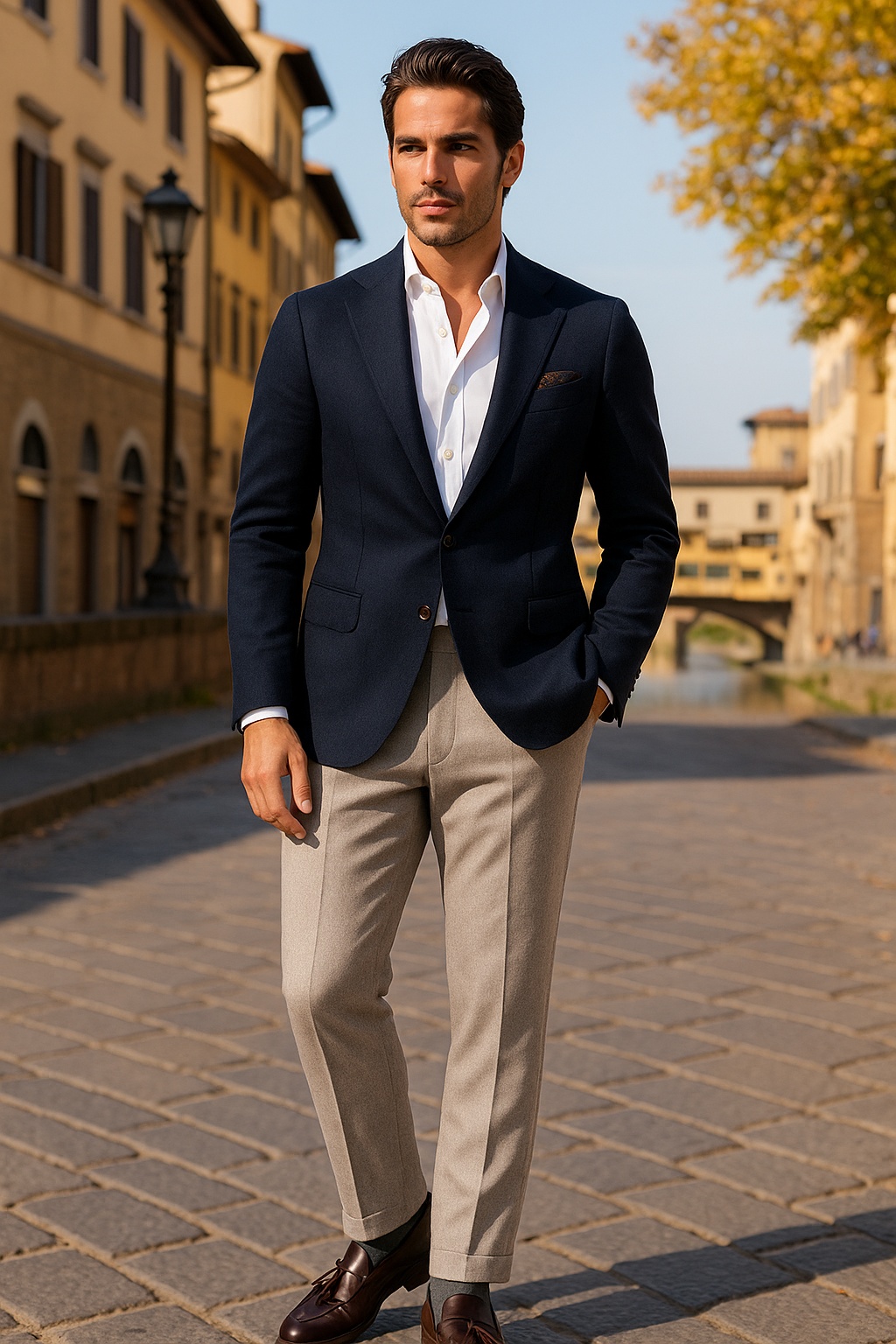 Navy Blazer, White Shirt, Light Brown Trousers, Brown Tassel Loafers Outfit