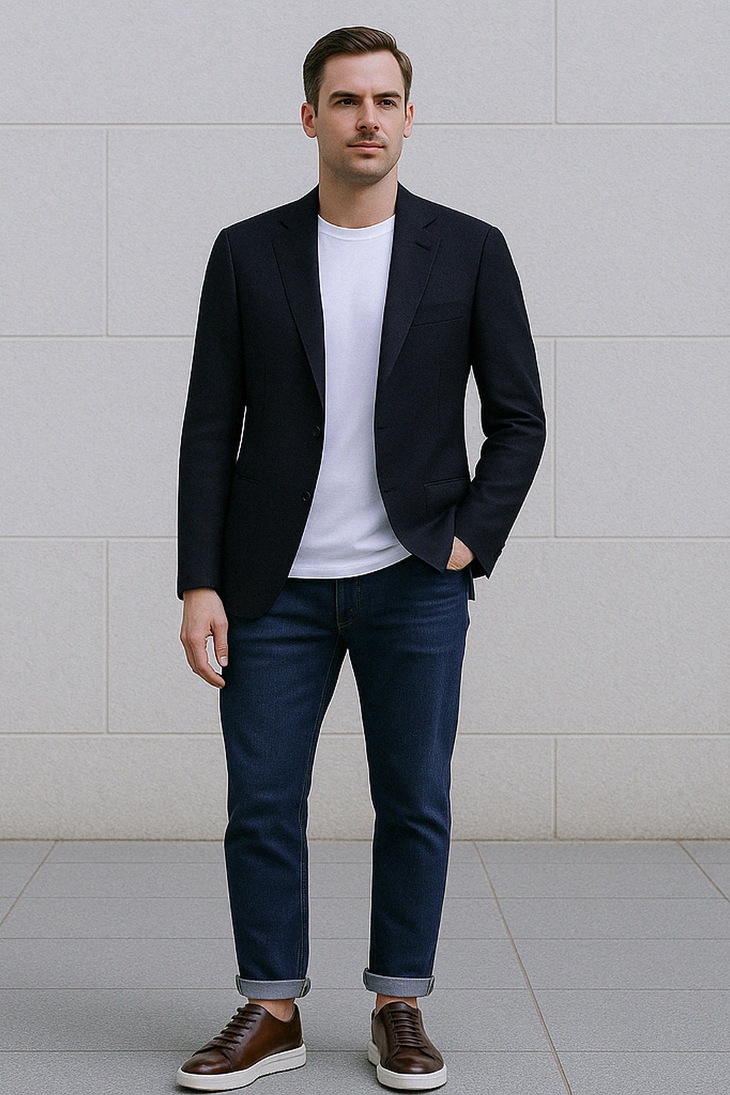 Navy Blazer, White T-Shirt, Navy Jeans and Dark Brown Sneakers Outfit