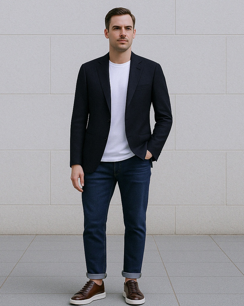 Navy Blazer, White T-Shirt, Blue Jeans, Dark Brown Sneakers Outfit