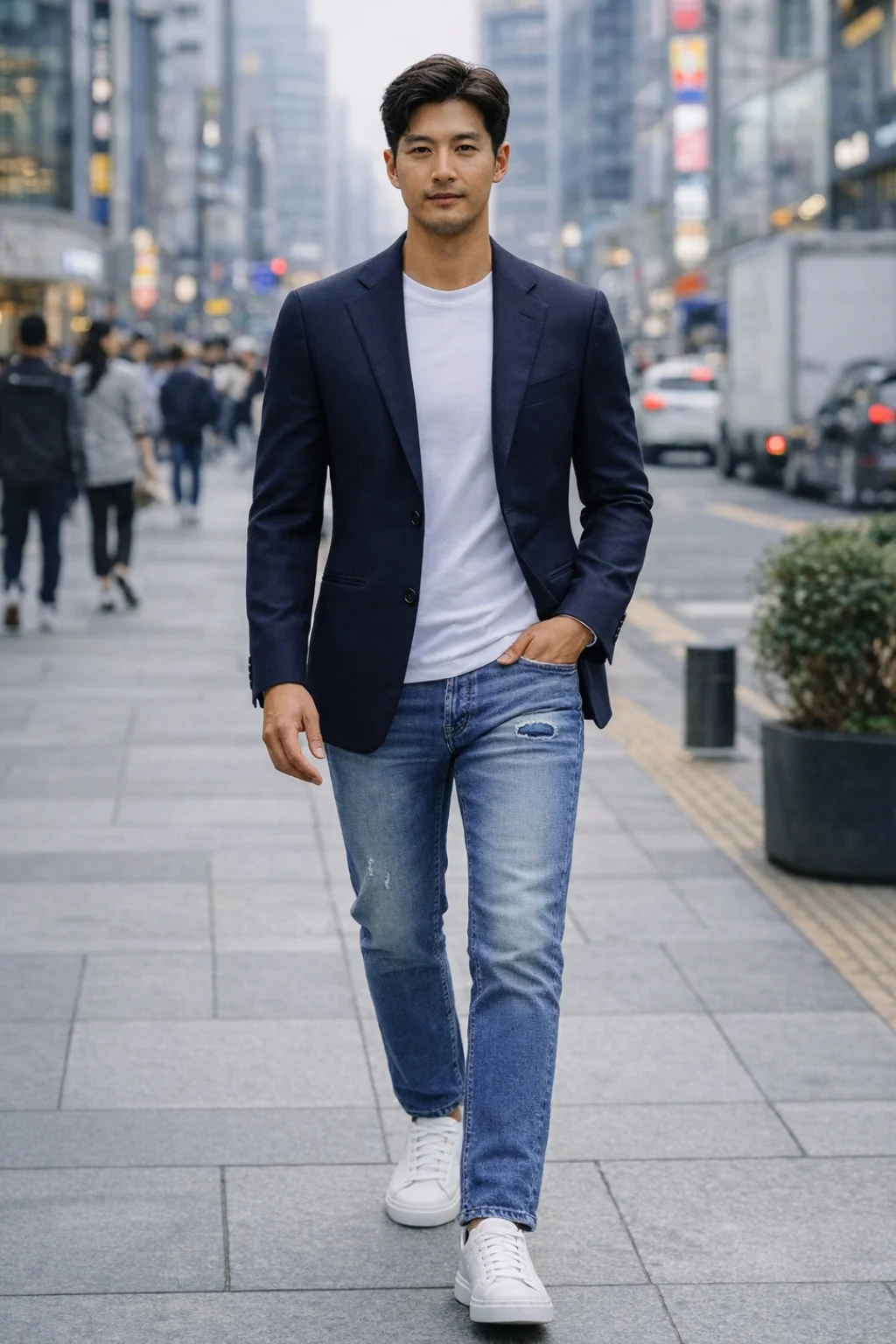 Navy Blazer, White T-Shirt, Blue Jeans, White Sneakers Outfit - The Noble Dandy Navy Blazer, White T-Shirt, Blue Jeans, White Sneakers Outfit - The Noble Dandy