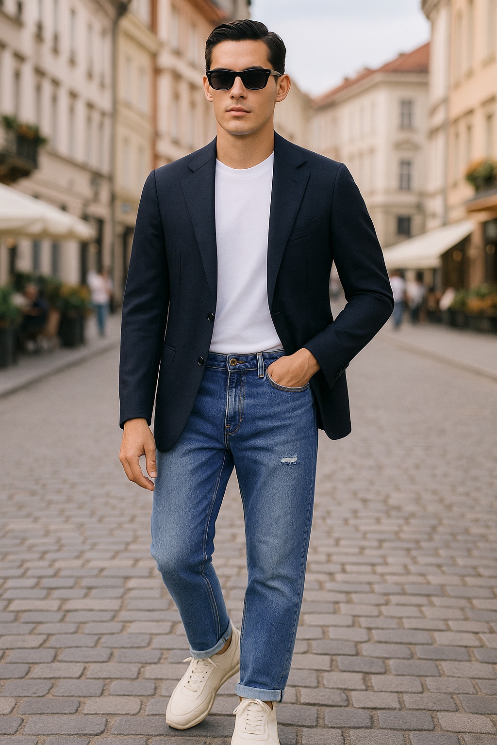 Navy Blazer., White T-Shirt, Blue Jeans, White Sneakers Outfit