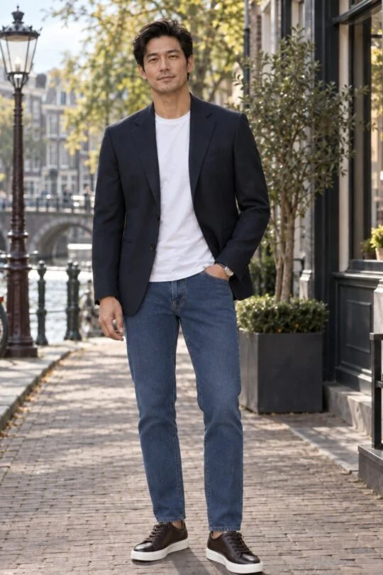 Navy Blazer, White T-Shirt, Navy Jeans, Dark Brown Sneakers Outfit