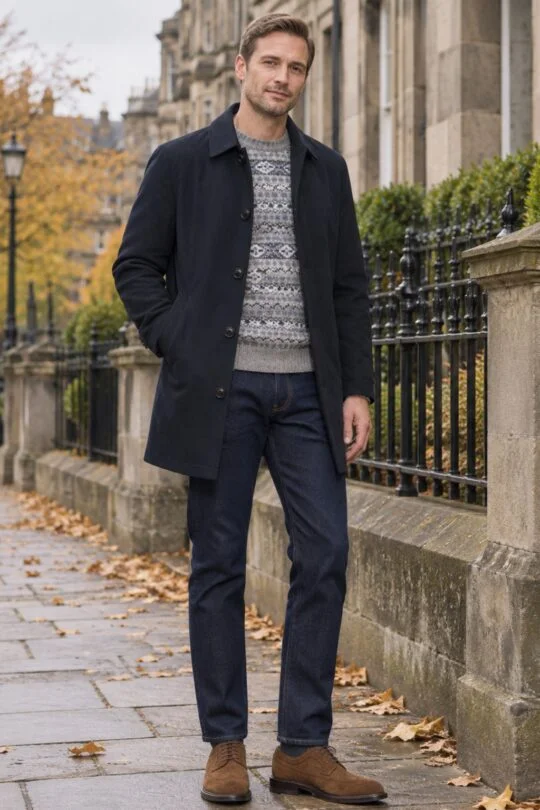 Navy car coat, grey Fair Isle sweater, navy jeans, brown suede derby shoes outfit