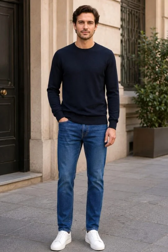 Navy crew neck sweater, blue jeans, white sneakers outfit