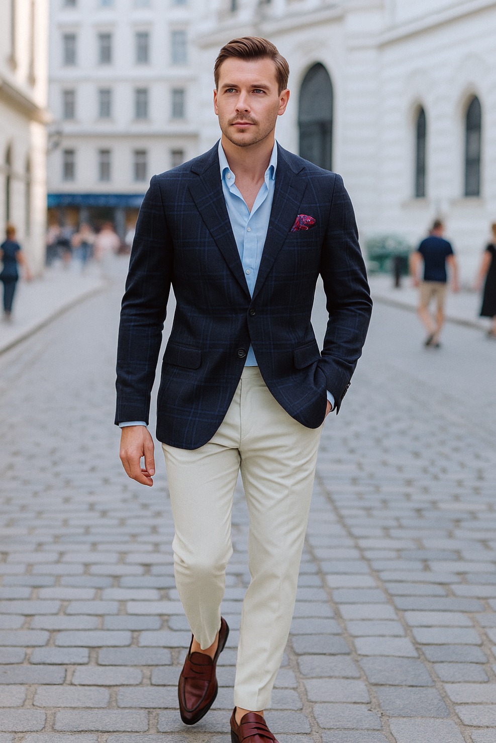 Navy glen plaid blazer, light blue shit, off white trousers, dark mahogany loafers outfit