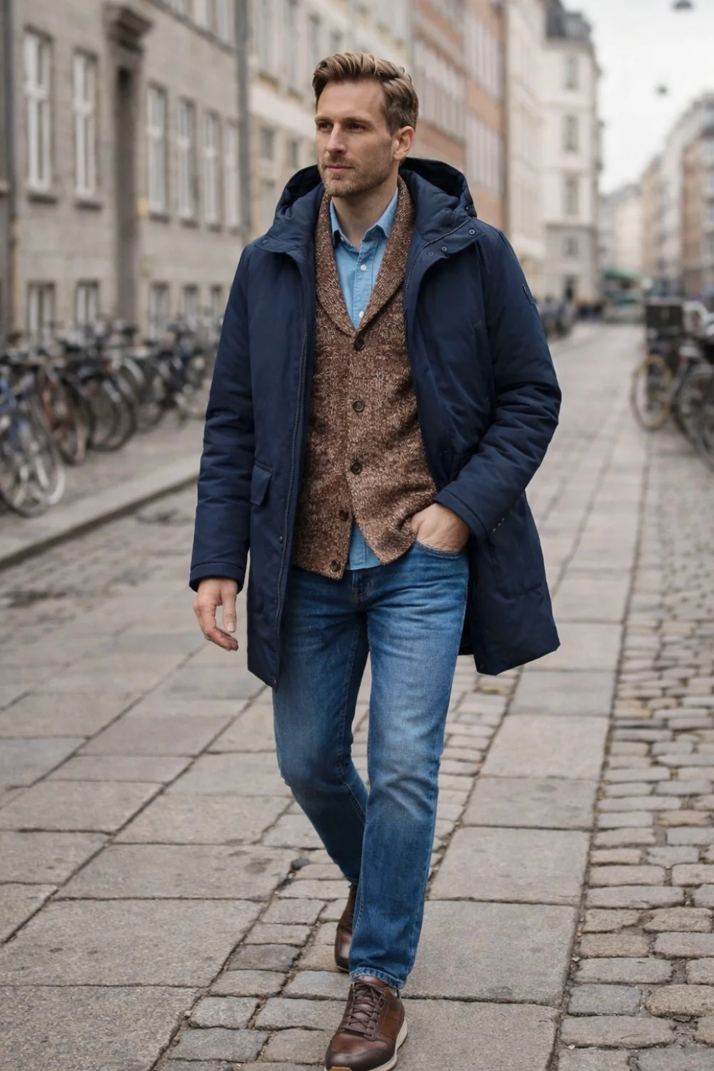A man is wearing navy parka, brown cardigan, light blue denim shirt, blue jeans and brown sneakers