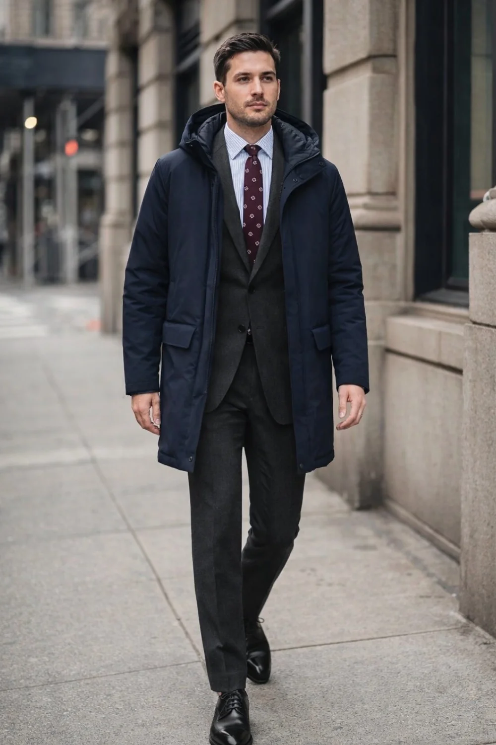 A man is wearing navy parka, charcoal grey suit, light blue striped shirt, purple tie and black oxford shoes