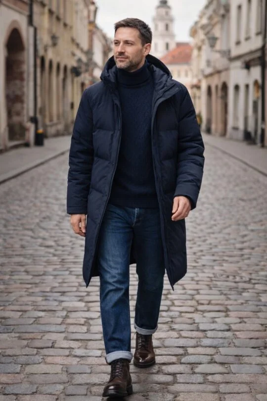 A man is wearing long navy parka, navy cable knit roll neck sweater, blue jeans and brown boots