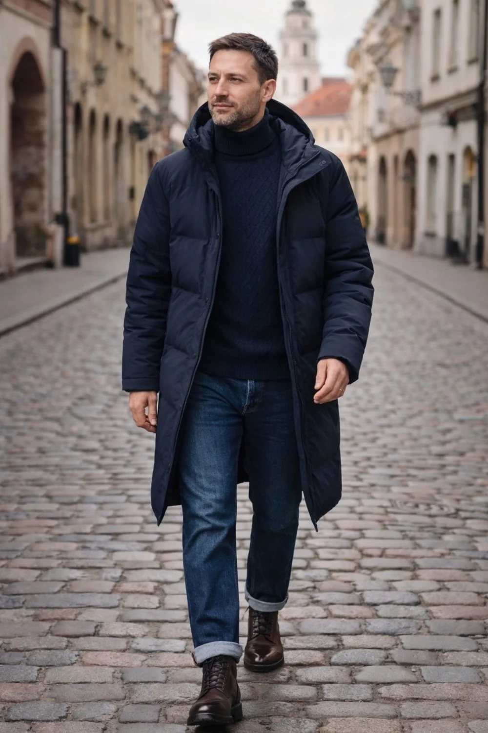 A man is wearing long navy parka, navy cable knit roll neck sweater, blue jeans and brown boots