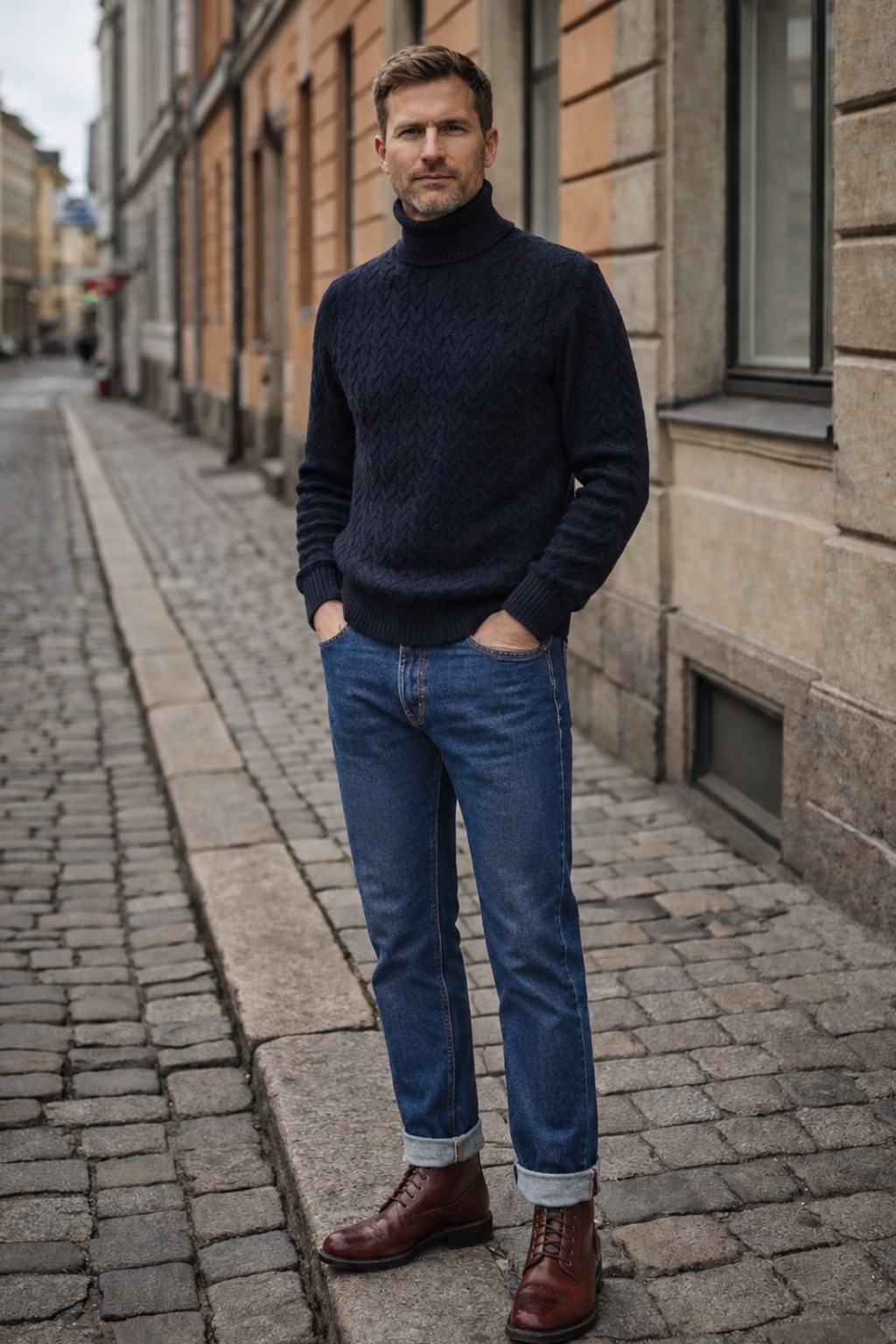 Navy roll neck, blue jeans, brown boots outfit