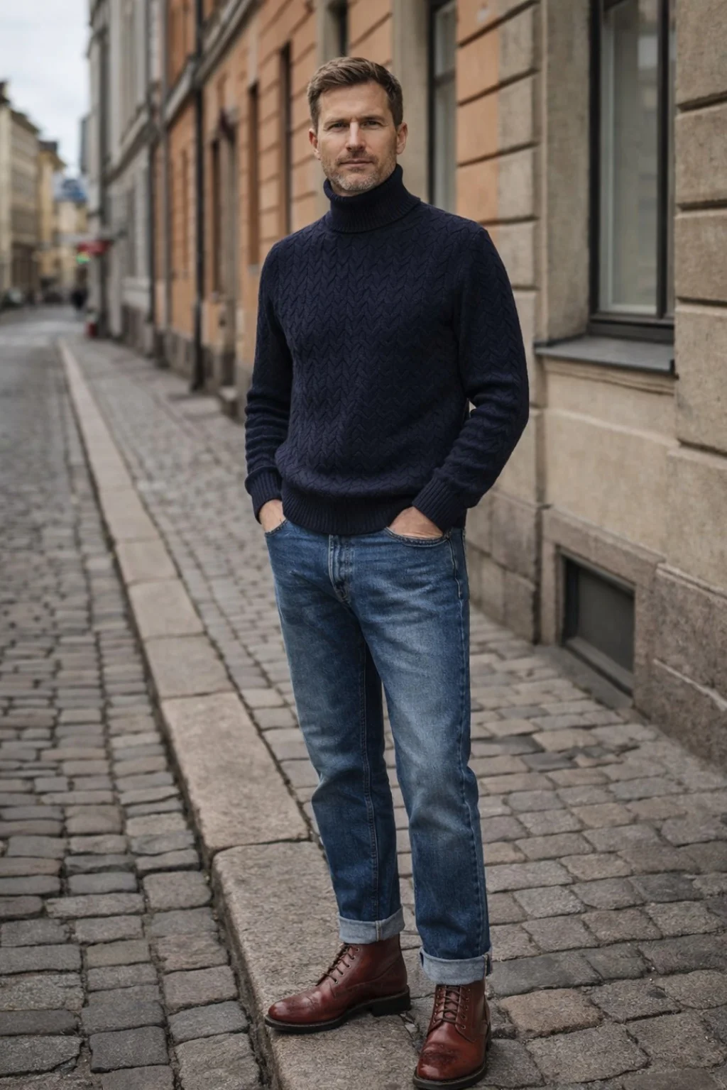 Navy roll neck, blue jeans, brown boots outfit