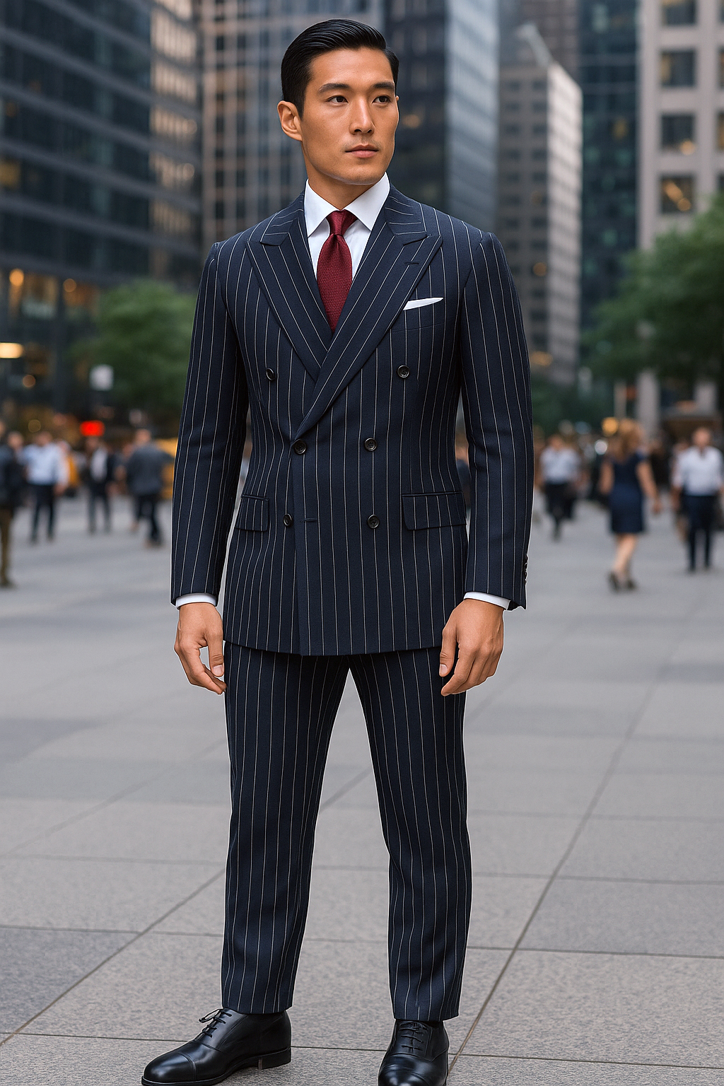 Navy Striped Suit, White Shirt, Red Grenadine Tie, Black Oxford Shoes Outfit