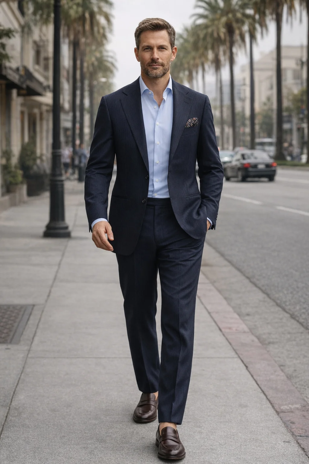 Navy blue suit, light blue shirt, dark mahogany loafers outfit