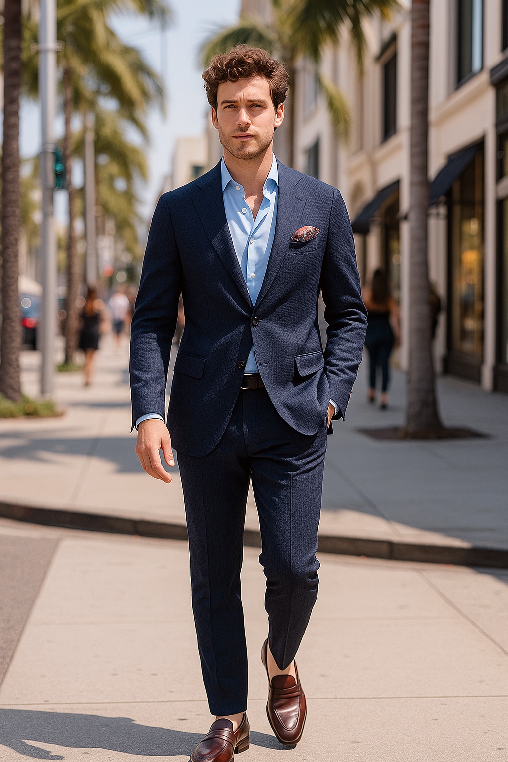 Navy blue suit, light blue shirt, dark mahogany loafers outfit