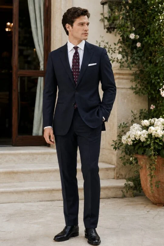 Navy suit white shirt black oxford shoes outfit