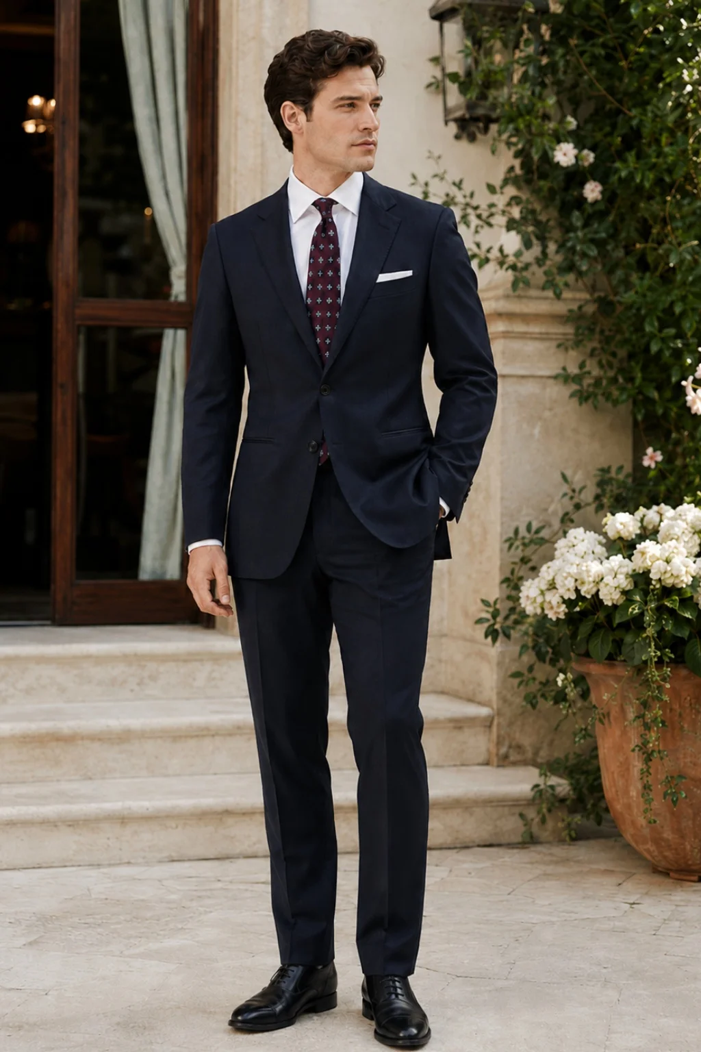 Navy suit white shirt black oxford shoes outfit